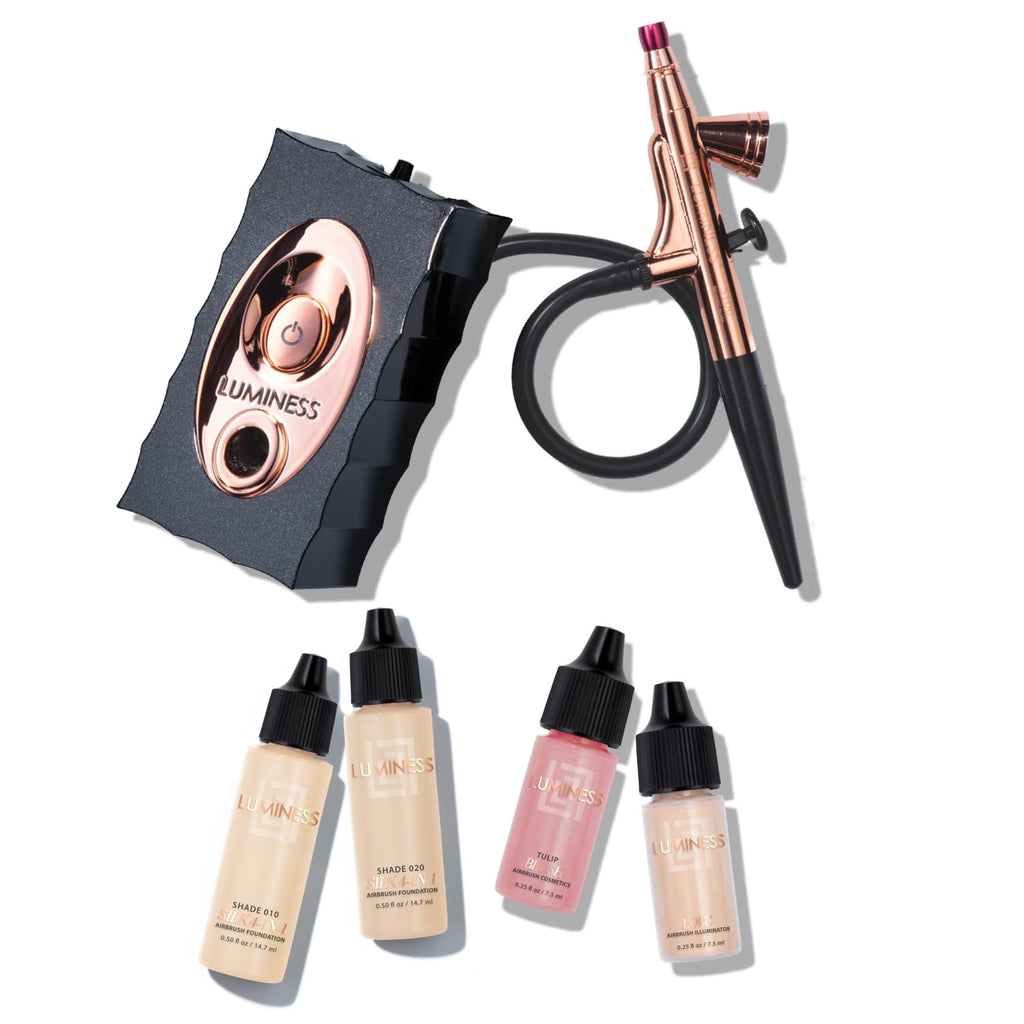 Luminess Air Icon Makeup Airbrush System and 4-Piece Foundation Starter Kit, Fair Coverage - Quick, Easy & Long Lasting Application - Includes Silk 4-In-1 Foundation, Highlighter & Blush