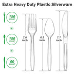 Dealusy 360 Count Extra Heavy Duty Clear Plastic Silverware, 150 Forks, 150 Spoons, 60 Knives, BPA-Free, Heat Resistant, Disposable Plastic Utensils Set, Plastic Cutlery Set, Plasticware Bulk