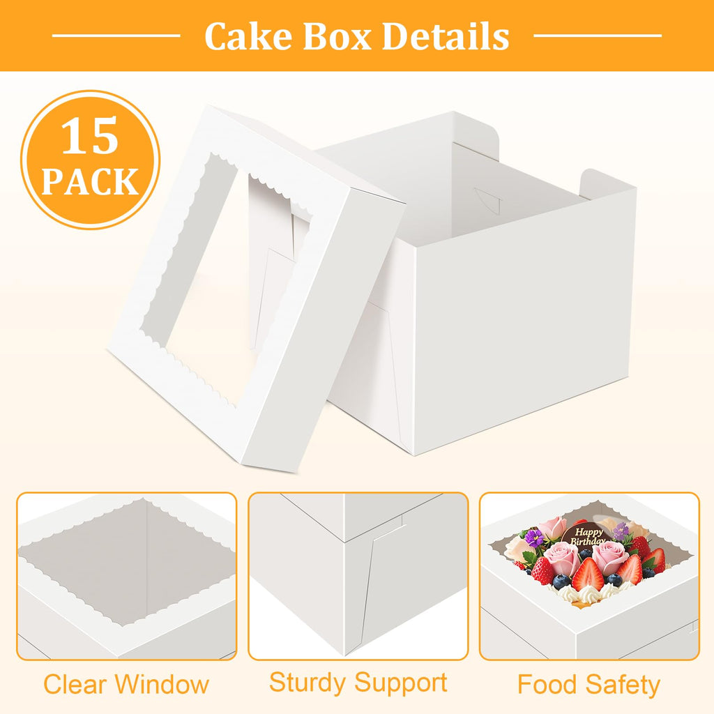 15 PCS Cake Boxes 10 Inch, 10x10x5 Inch Cake Box, 10 Inch Cake Box with Window, White Bakery Boxes, Large Baking Boxes, Cajas Para Pasteles, 10x10 Cake Boxes for Birthday, Wedding, Party, Business