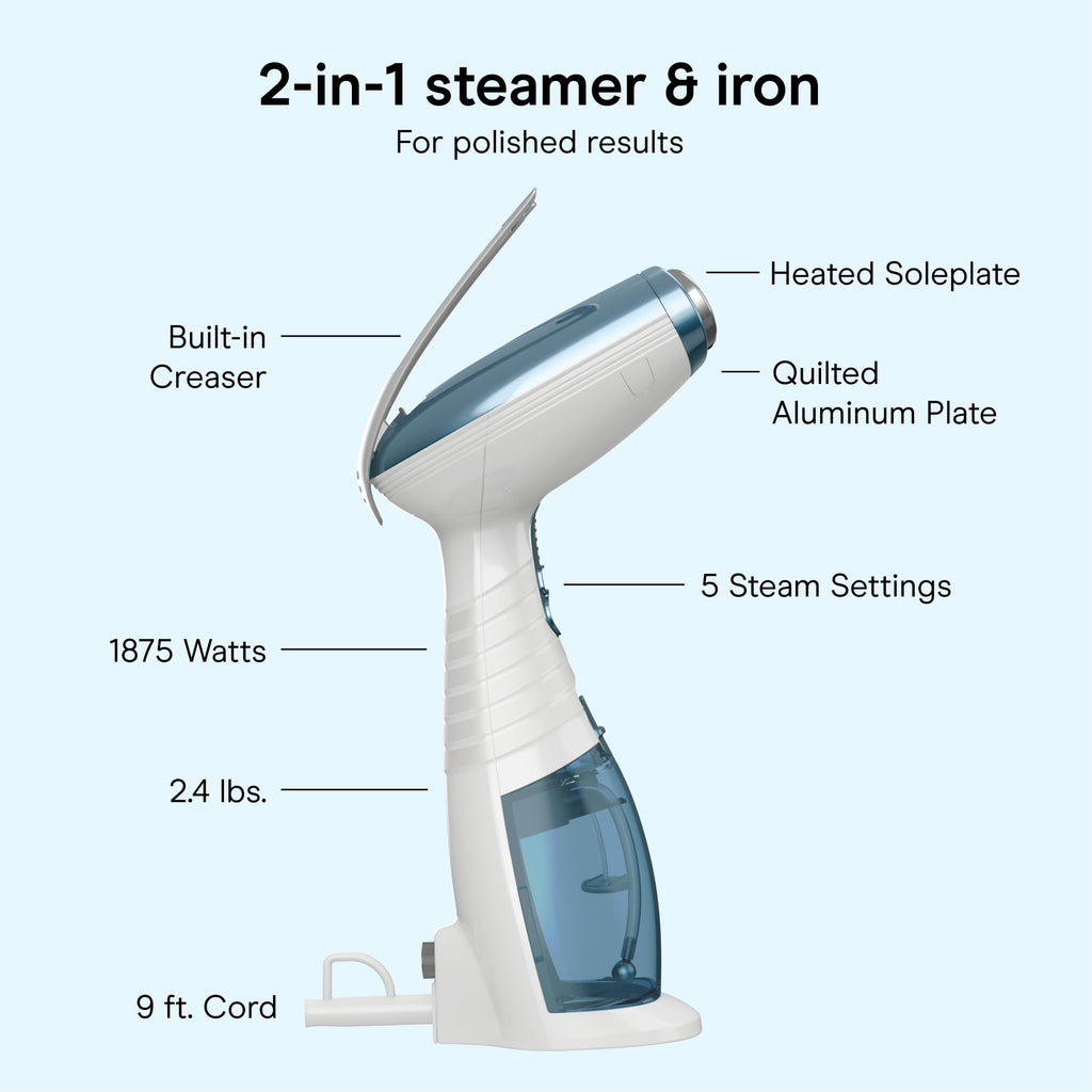 Conair Handheld Steamer for Clothes & Upholstery, 3 Attachments, White/Blue