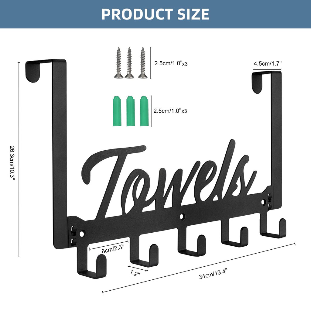 Azmoncy Over The Door Hooks Organizer, Over Door Rack with 5 Towel Hooks & 2 Mesh Basket, Back of Door Storage Organizer for Bathroom, Bedroom, Kitchen (Black)