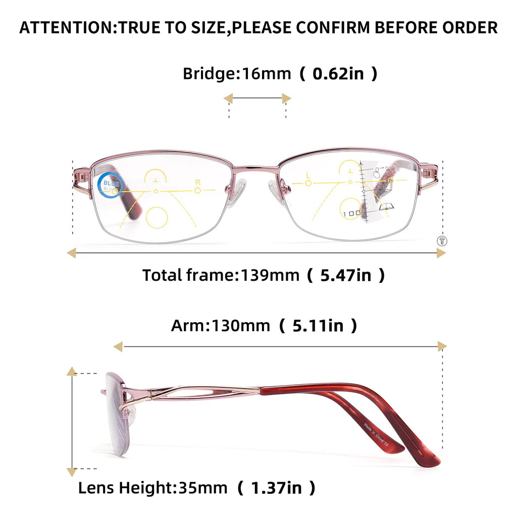 LianSan Metal Zero Top Progressive Multifocus Reading Glasses - for Women Half-Rim Blue Light Blocking Readers Clear Top Pink 2.50