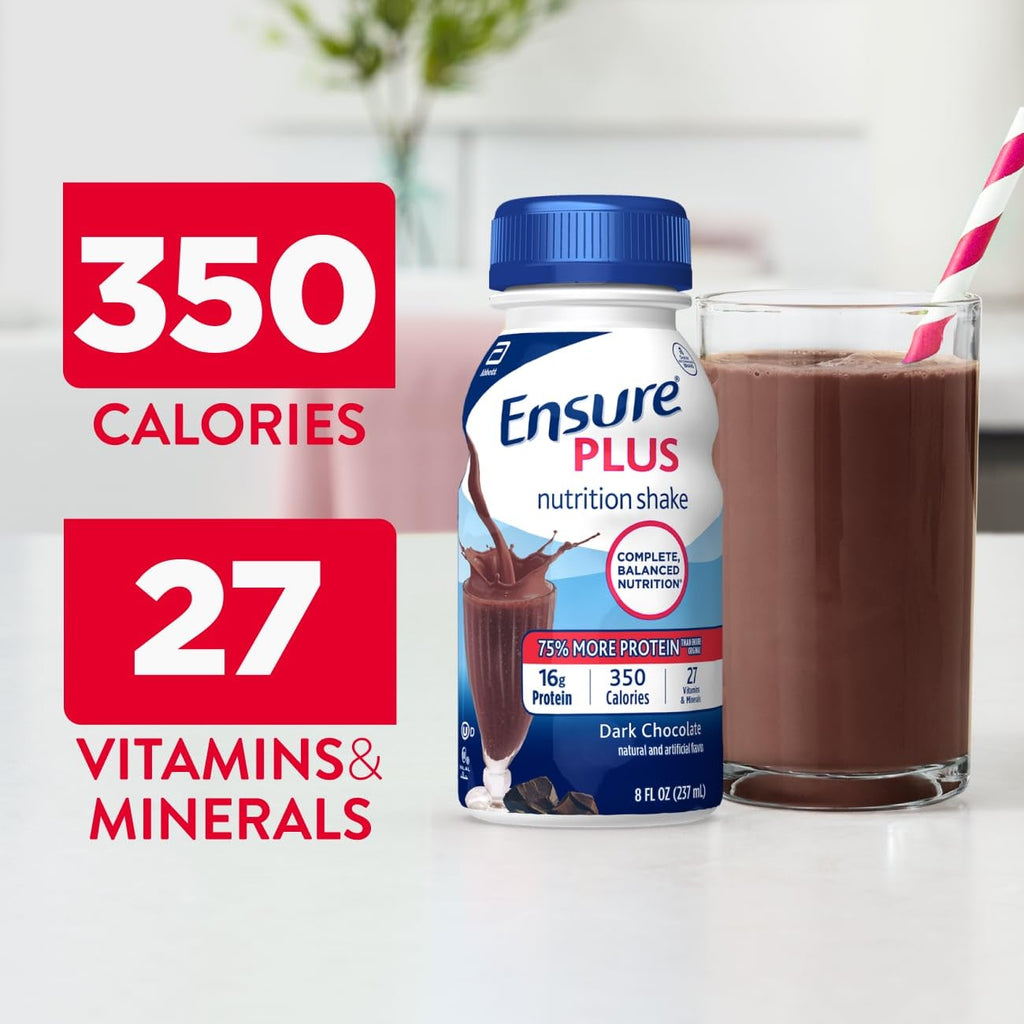 Ensure Plus Dark Chocolate Nutrition Shake | Meal Replacement Shake | Ready to Drink | 16g Protein and 27 Vitamins and Minerals | 8 fl oz - 24 Pack