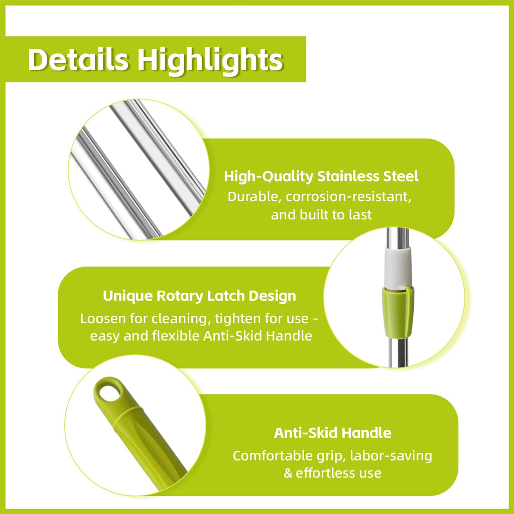 Spin Mop Replacement Handle, 47.6-inch 360 Degrees Rotating Telescopic Replacement Mop Stick with a Robust Stainless Steel Disc for Spin Mop Bucket Cleaning System (Stainless Steel Disc,Green)