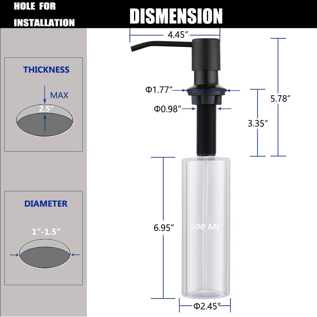 Soap Dispenser for Kitchen Sink Matte Black, Lotion Dispenser for Kitchen Sink Stainless Steel Sink Soap Dispenser 17 OZ Bottle Built in Design Refill from The Top