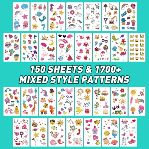 Metker Tattoos for Kids - 150 Sheets(1700+ Mixed Styles Patterns) | Temporary Tattoos Stickers for Girls and Boys | Goody Bag Favor for Parties | Non-toxic、Skin-Safe*、Cosmetic-Grade