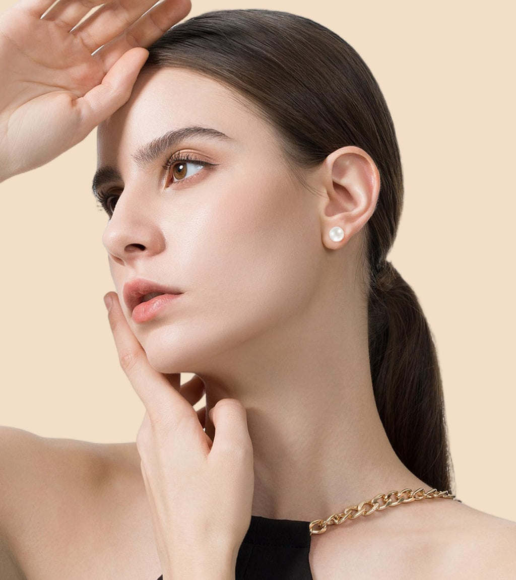 HAINBAG 9mm Pearl Earrings for Women, Hypoallergenic 925 Silver Post Studs