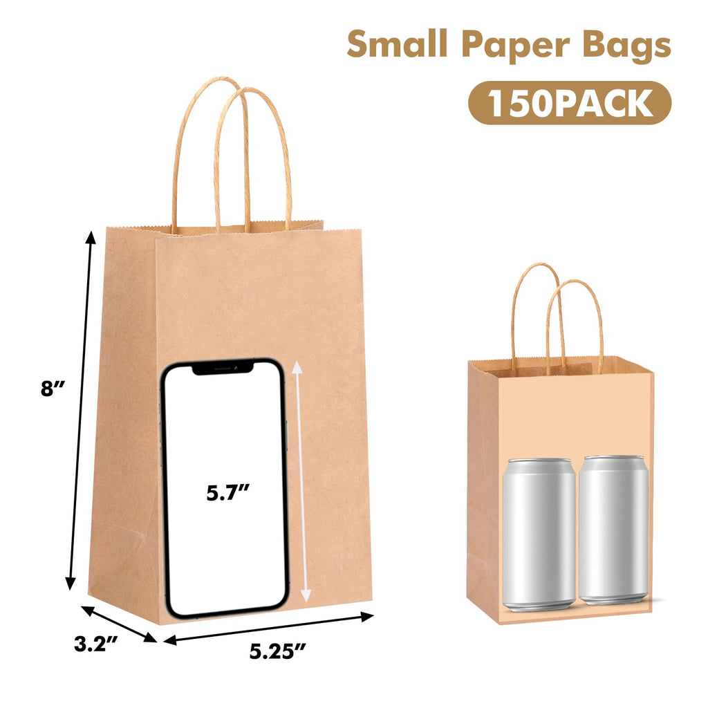 OUTUXED 150pcs Brown Paper Bags with Handles, 5.25x3.2x8in Small Gift Bags