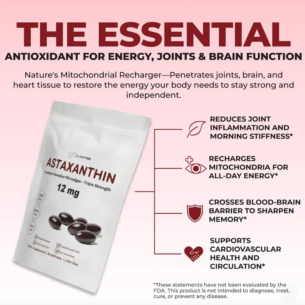 ClarityMD Astaxanthin 12mg Antioxidants Supplement – Natural Microalgae Source – Lipid-Based Softgel for Enhanced Absorption – Cognitive, Vision & Joint Support – 30 Softgels (Pack of 3)