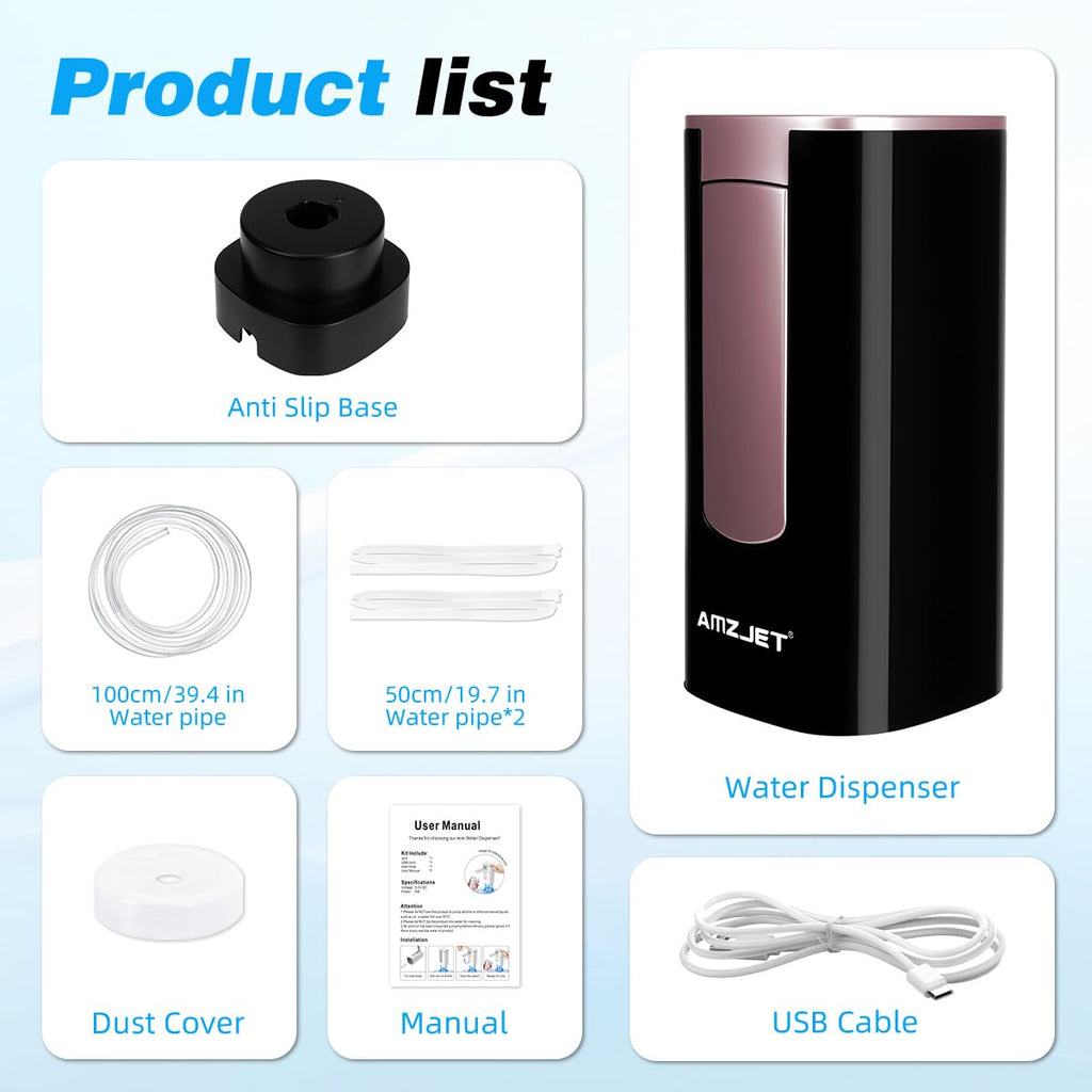 Water Dispenser for 5 Gallon Bottle with Digital Display, 4 Dispense Modes, Portable USB Charging Electric Water Pump, Foldable Spout, Food-Grade Water Jug Pump for Home, Office, RV, Campin-Rose Gold