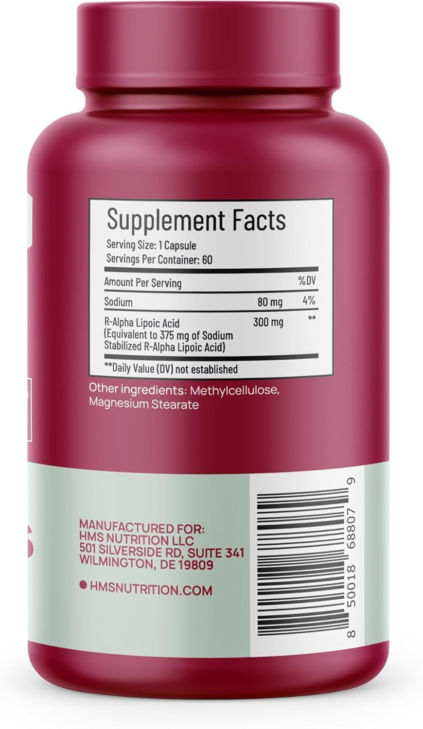 HMS Nutrition Stabilized R-Lipoic Acid 300 mg per Serving — Pure R Alpha Lipoic Acid (R-ALA) High Potency Active R Isomer Antioxidant Nerve & Metabolism Support — NSF Certified Non-GMO Vegan 60Capsule