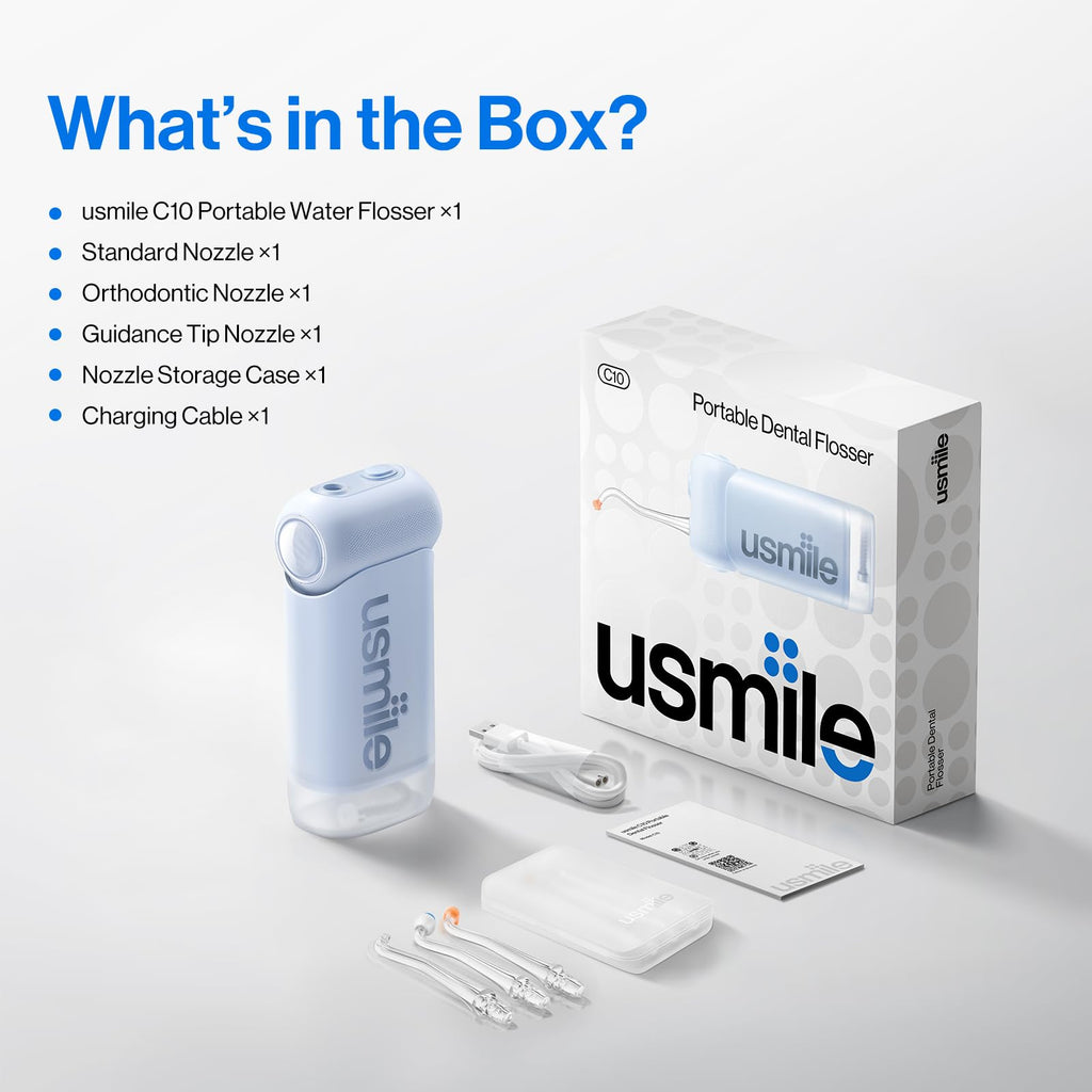 usmile C10 Portable Water Flosser for Travel – 95-Day Battery, 4 Modes, 360° Nozzle, 180ml Tank, IPX7 Waterproof, Dentist-Recommended for Braces, Implants & Sensitive Gums (Blue)