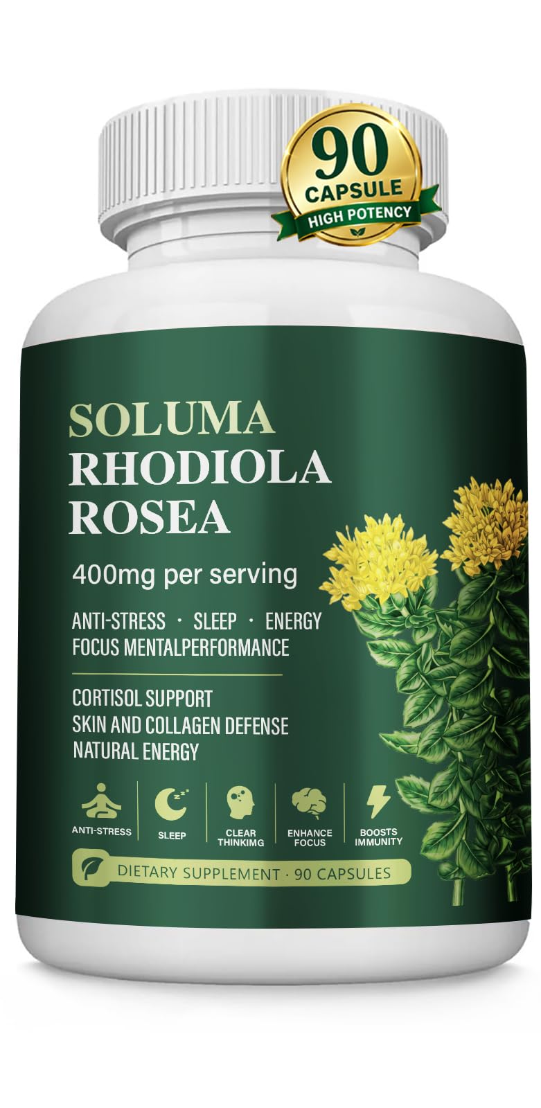 Soluma Rhodiola Rosea Extract Supplement | 800 mg Per Serving (2 Vegetarian Capsules), Standardized 3% Salidroside & 1% Rosavins, Adaptogenic Herbal Supplement, 90 Capsules