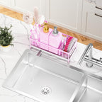 Cisily Kitchen Soap Dispenser Set with Sink Caddy, Glass Bottle, Hand and Dish Soap Dispenser Set with Sponge Holder (Pink Bottles + Pink Sponge Holder)