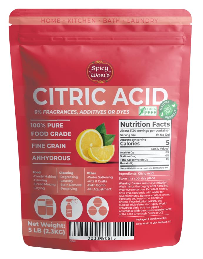 Pure Citric Acid 5 LB Bulk Bag - 100% Natural, Food Grade, Non-GMO - Citric Acid Powder for Cleaning, Bath Bombs, Preserving | Fine Granular | Premium Quality by Spicy World