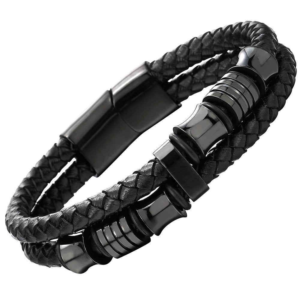 Men's Black Braided Leather Bracelet with Stainless Steel Accents Double-Layer Design Durable Biker Punk Style Wristband Modern Minimalist Fashion Jewelry for Men