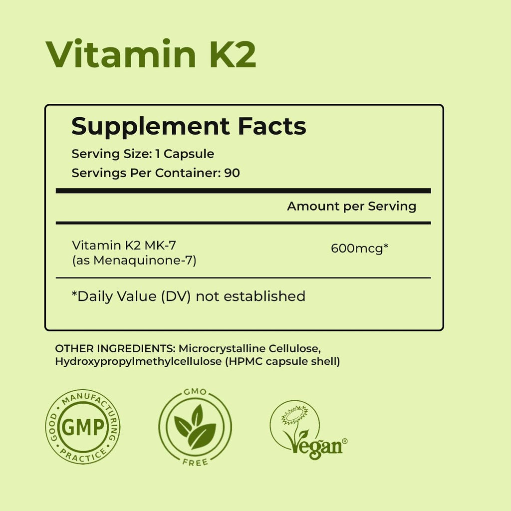 NutriZing K2 Vitamin Supplement MK-7 - High Strength 600mcg - Supports Bone & Arterial Health - 90 Vegan Capsules - Vitamin K2 for Men & Women - 3 Month Supply