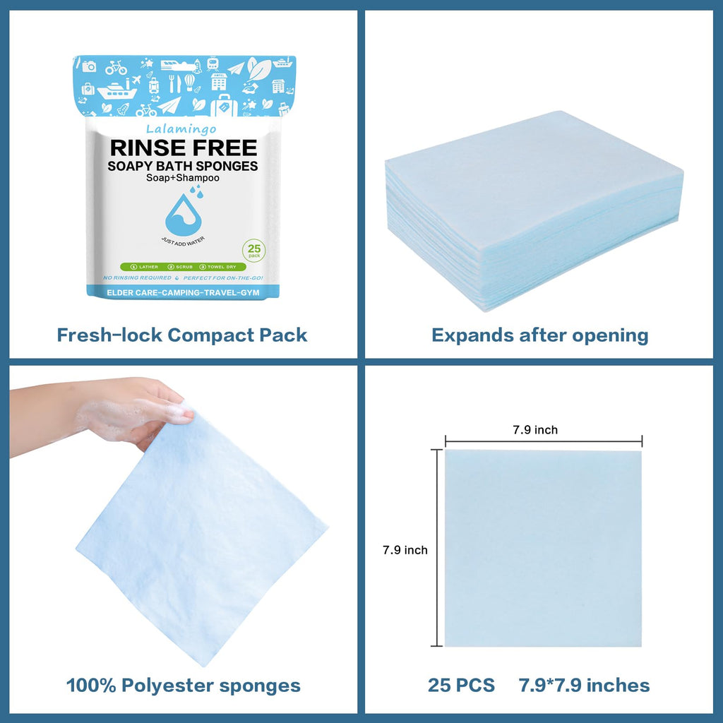 100 PCS Disposable Rinse Free Bath Sponges, No Rinse Bathing Wipes for Adults, Soap Infused Dry Shower Wipes for Elderly, Bedridden, Camping, Post Surgery(25 Count 4 Pack)
