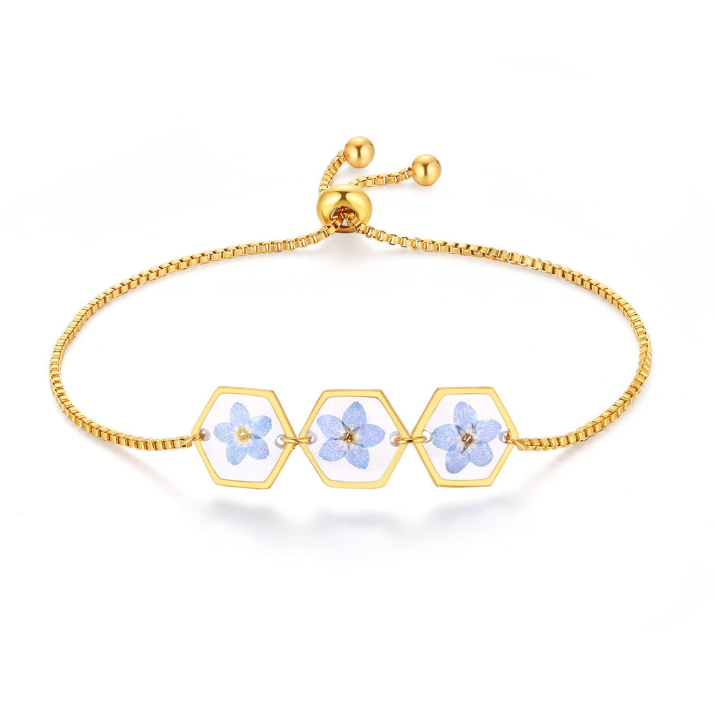 AUNTESIGN Forget-Me-Not Pressed Wildflower Bracelet | Personalized Handmade | Real Wildflowers Jewelry | Alaska State Flower Jewelry | Gold Pressed Flower Bracelet | Gift For Her