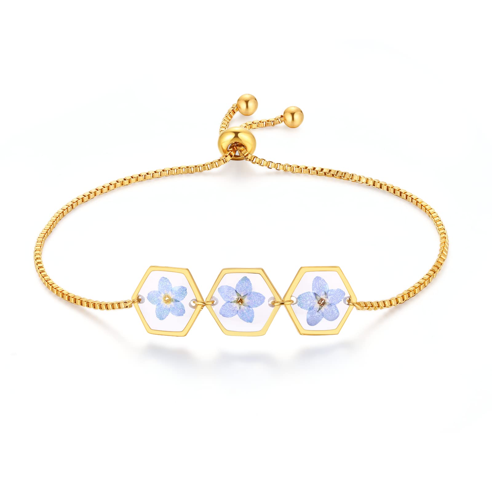 AUNTESIGN Forget-Me-Not Pressed Wildflower Bracelet | Personalized Handmade | Real Wildflowers Jewelry | Alaska State Flower Jewelry | Gold Pressed Flower Bracelet | Gift For Her