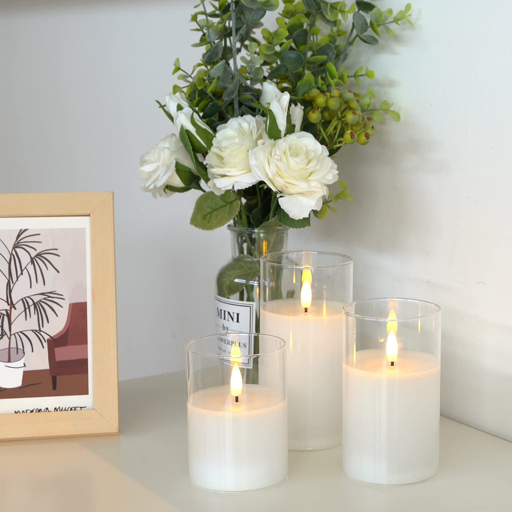 Amagic White Glass Flameless LED Candles Battery Operated with Remote Timer