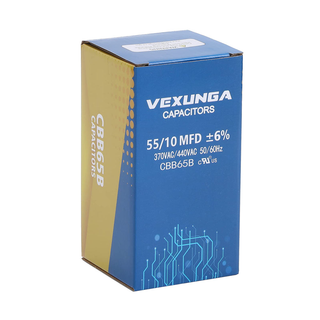 VEXUNGA 55/10 uF 55+10 MFD 370VAC or 440VAC Dual Run Start Round A/C Capacitor CBB65 CBB65B Air Conditioner Capacitors for AC Unit Fan Motor Start or Heat Pump or Condenser Straight Cool
