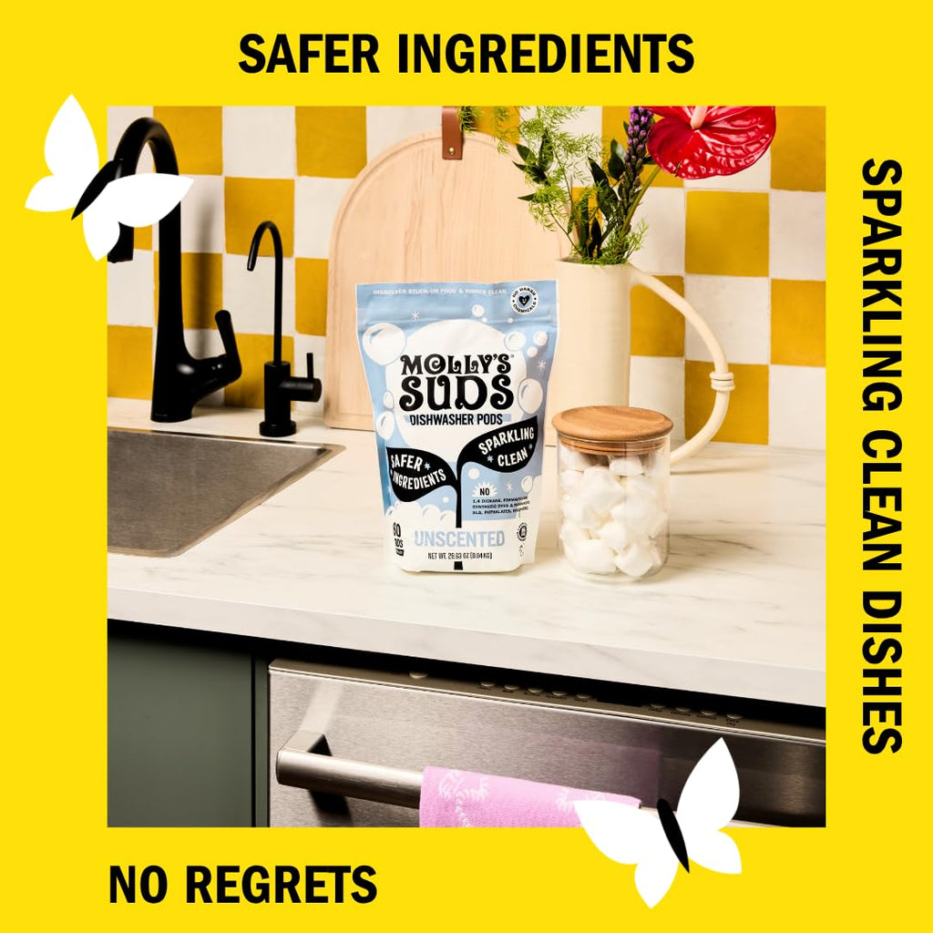 Molly's Suds Dishwasher Pods | Clean Dishwasher Detergent, Cuts Grease & Rinses Clean (Residue-Free) for Sparkling Dishes | 120 Auto-Release Tabs (Unscented)