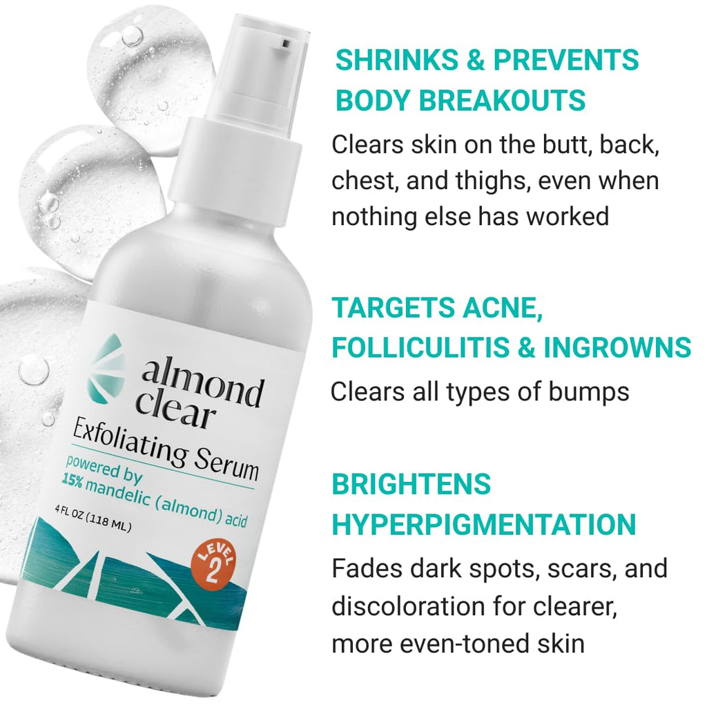 Almond Clear Level 2 Serum | Mandelic Acid Body Serum for Acne, Folliculitis, Aging Skin, Ingrown Hairs, Dark Spots on Face, Chest, Butt, Back, Thighs, Arms | 4 oz