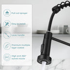 KHQF Kitchen Faucet with Pull Down Sprayer,Commercial Single Handle Stainless Steel Kitchen Faucets with Deck Plate (Matte Black)