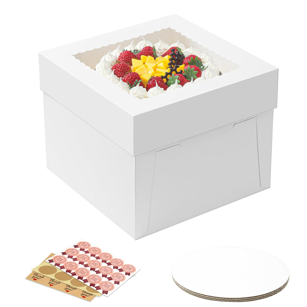 Vorfre 3 Pack Cake Boxes, 10x10x8 Inches Tall Cake Box with Cake Boards, White Bakery Boxes with Window, Disposable Cake Containers with Lids for Cake, Donuts, Pies, Cookies, Wedding, Birthday, Party