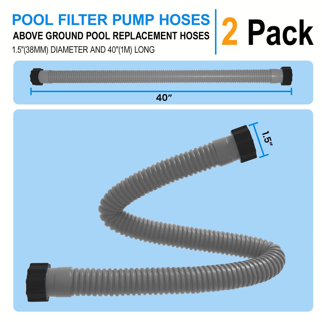 1.5" x 40" Pool Hose Replacement, Pack of 2 - Compatible with Above Ground Pools Filter Pump Hoses, Sand Filters, Saltwater Systems (1,500-2,500 GPH), Grey