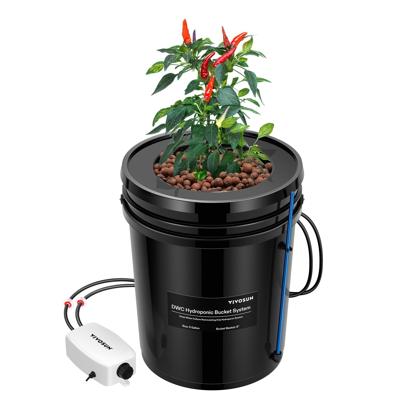 VIVOSUN DWC Hydroponics Grow System with Top Drip Kit, 5-Gallon Deep Water Culture, Recirculating Drip Garden System with Multi-Purpose Air Hose, Air Pump, and Air Stone (1 Bucket + Top Drip Kit)