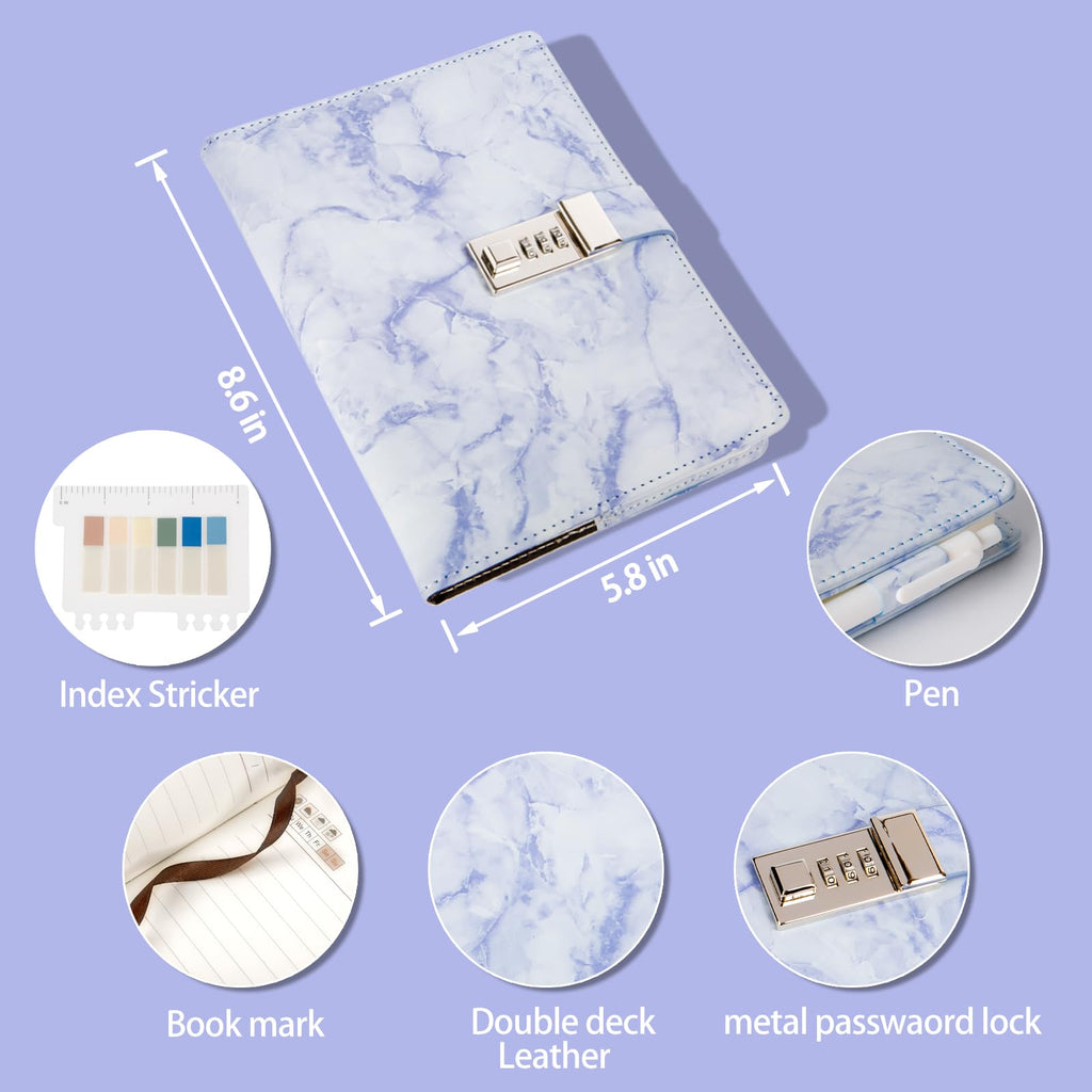 Kutoda Marble Diary with Lock, 192 Pages College Ruled Secret Journal with Lock, Waterproof A5 locked journal for women, Cute Diary Stuff for Teen Girls (Purple)