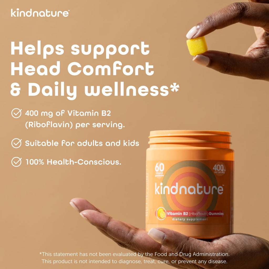 kindnature Vitamin B2 Gummies - Riboflavin 400mg Supplement for Kids & Adults - Non-GMO, Soy & Gluten-Free, Vegan Chewable Gummies (30 Day Supply)
