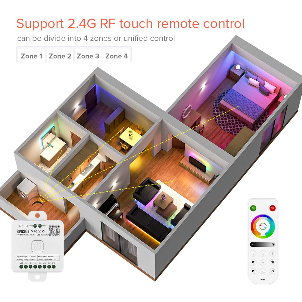 BTF-LIGHTING SP630E Bluetooth Controllers 4 Zones 2.4GHz RF RB4 Remote Kit Support FCOB COB SMD PWM RGBCCT RGBWW LED Strip DC5V DC12V DC24V