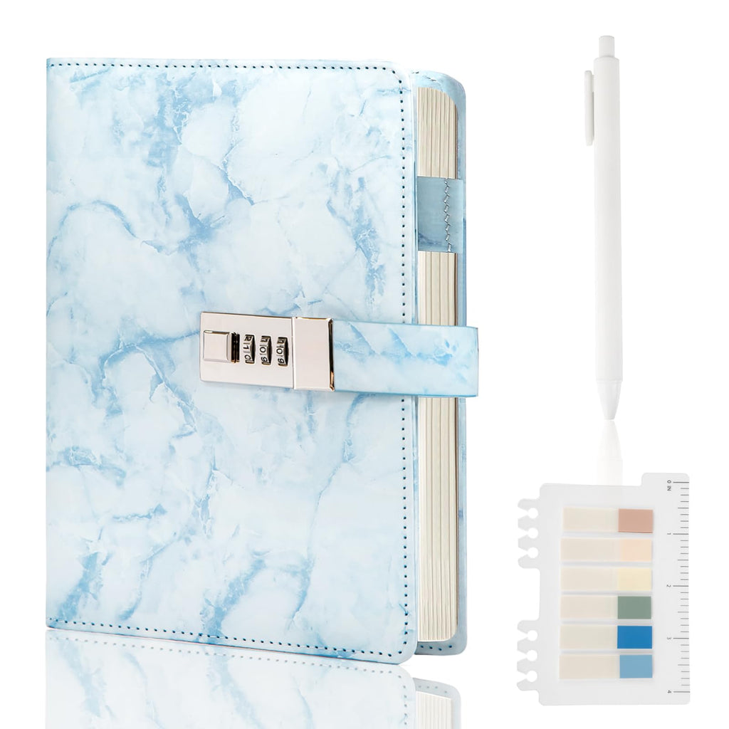 Kutoda Marble Diary with Lock, 192 Pages College Ruled Secret Journal with Lock, Waterproof A5 locked journal for women, Cute Diary Stuff for Teen Girls (Blue)