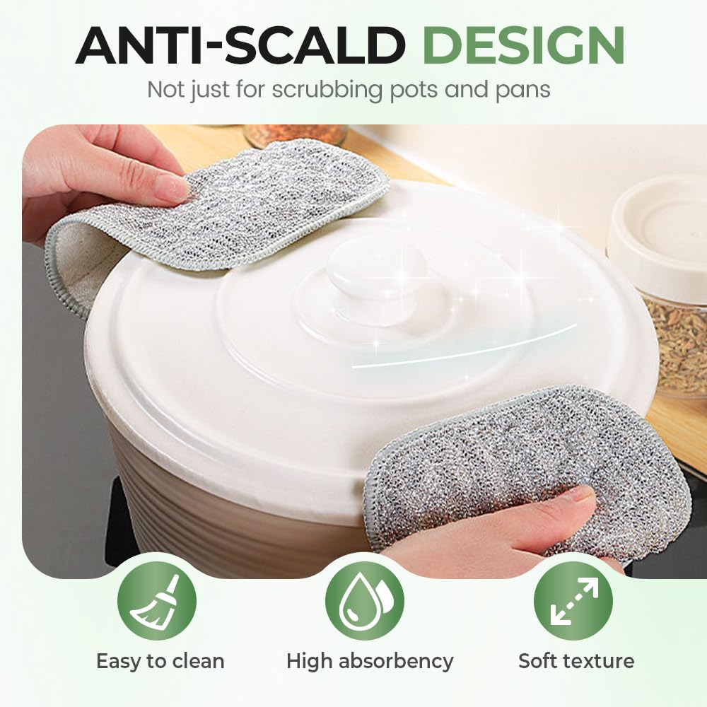 Multipurpose Wire Dishwashing Cloth, 2025 Upgraded Double-Sided Cleaning Cloth, Silver Stainless Steel Cloth and Multi-Layer Cotton Thread, Metal Scrubbing Pads Sponge Cloths for Home Kitchen (5)