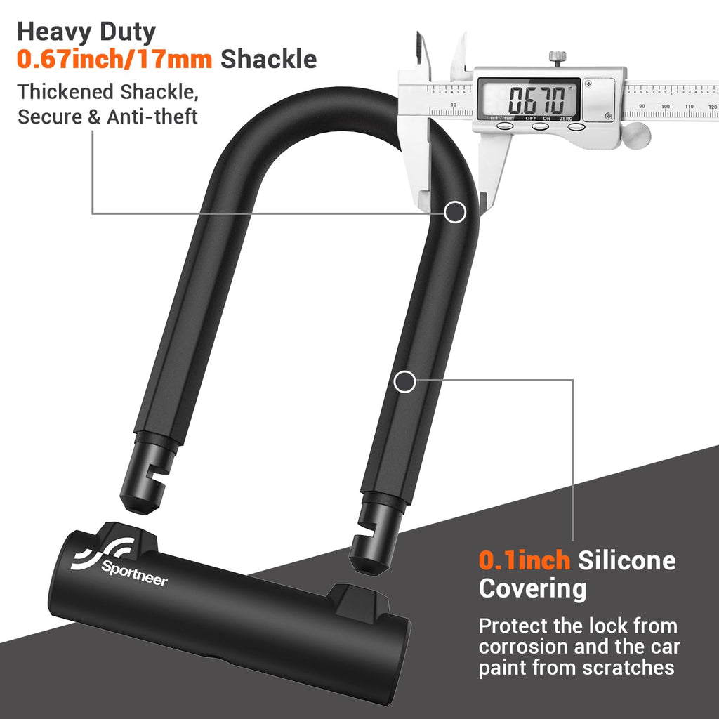 Sportneer Bike Lock: Heavy Duty Anti Theft Bike U Lock with 5ft Security Steel Cable - 17mm Shackle Bicycle U-Locks with 2 Keys & Mounting Bracket for Road Mountain Bike, Size 7.76''x5.02'', 1.64lb