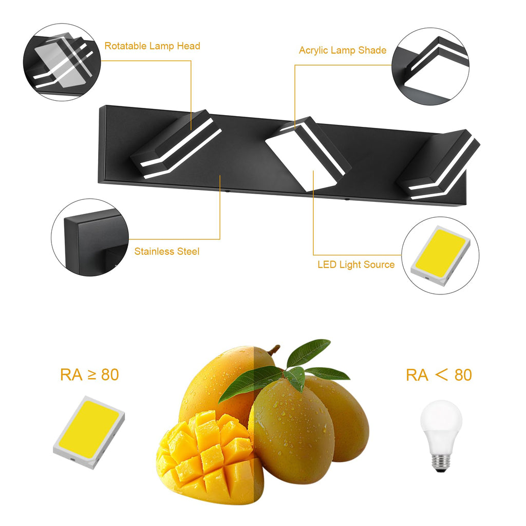 SineRise LED Modern Bathroom Vanity Light Fixtures, Modern Acrylic Bathroom Wall Lighting Fixtures Over Mirror, 3-Light, 24-Inch, Black, White