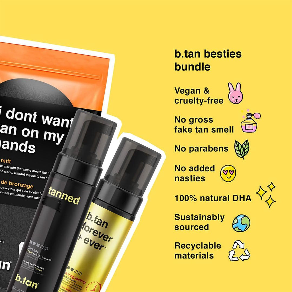 b.tan Dark & Ultra Long Lasting Self Tan Kit | Besties Bundle - Tanning Mousse Duo with Mitt Applicator Glove, 1 Hour Express, Fast Sunless Tanner, Face & Body, No Fake Tan Smell, 6.7 Fl Oz