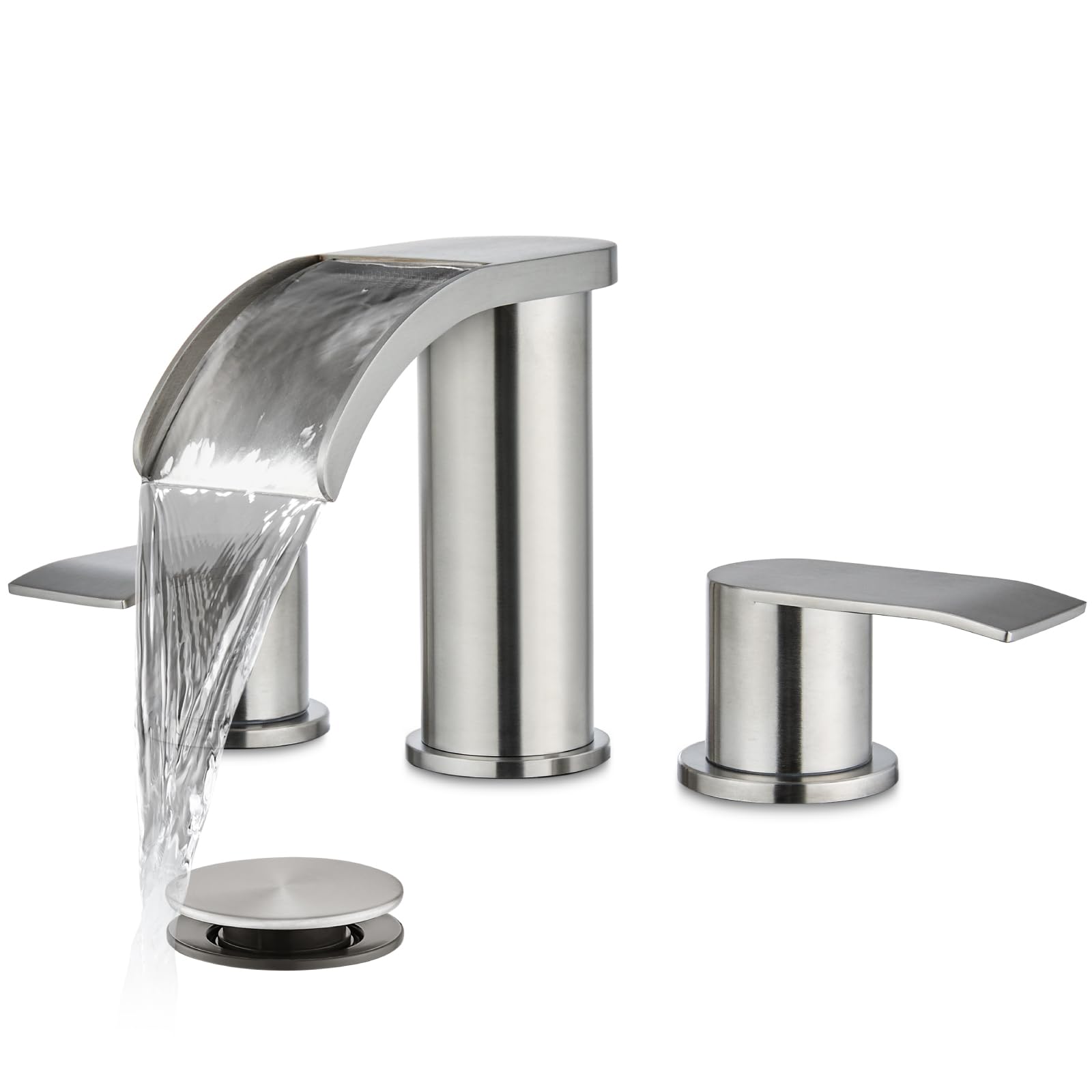 gotonovo Waterfall 8 inch Widespread Bathroom Faucet Set Bathroom Sink Faucet 3 Hole 2 Handle Vanity Lavatory Deck Mount with Pop Up Drain and Water Supply Lines Round Body Brushed Nickel