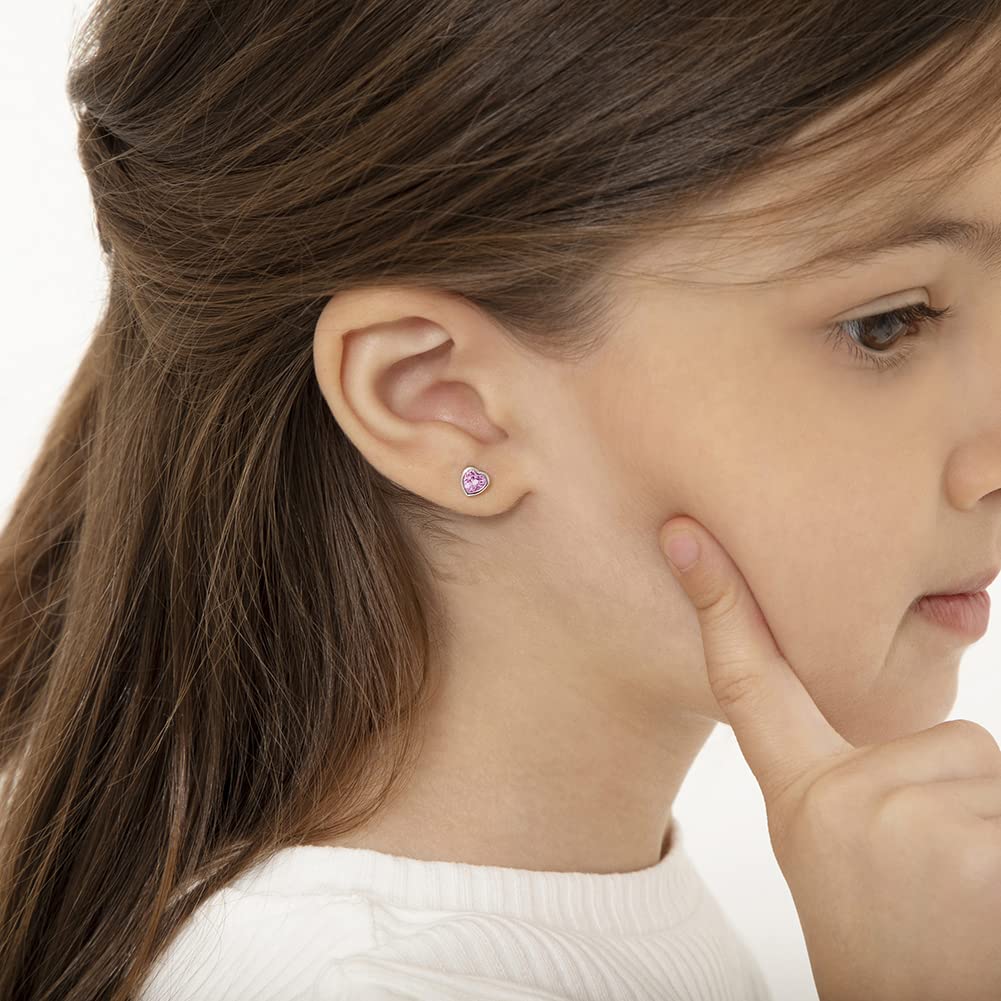 In Season Jewelry CZ Birthstone Heart Kids Earrings - 925 Sterling Silver Hypoallergenic for Girls with Secure Screw Backs - Safe & Comfortable for Toddlers & Kids - Pink