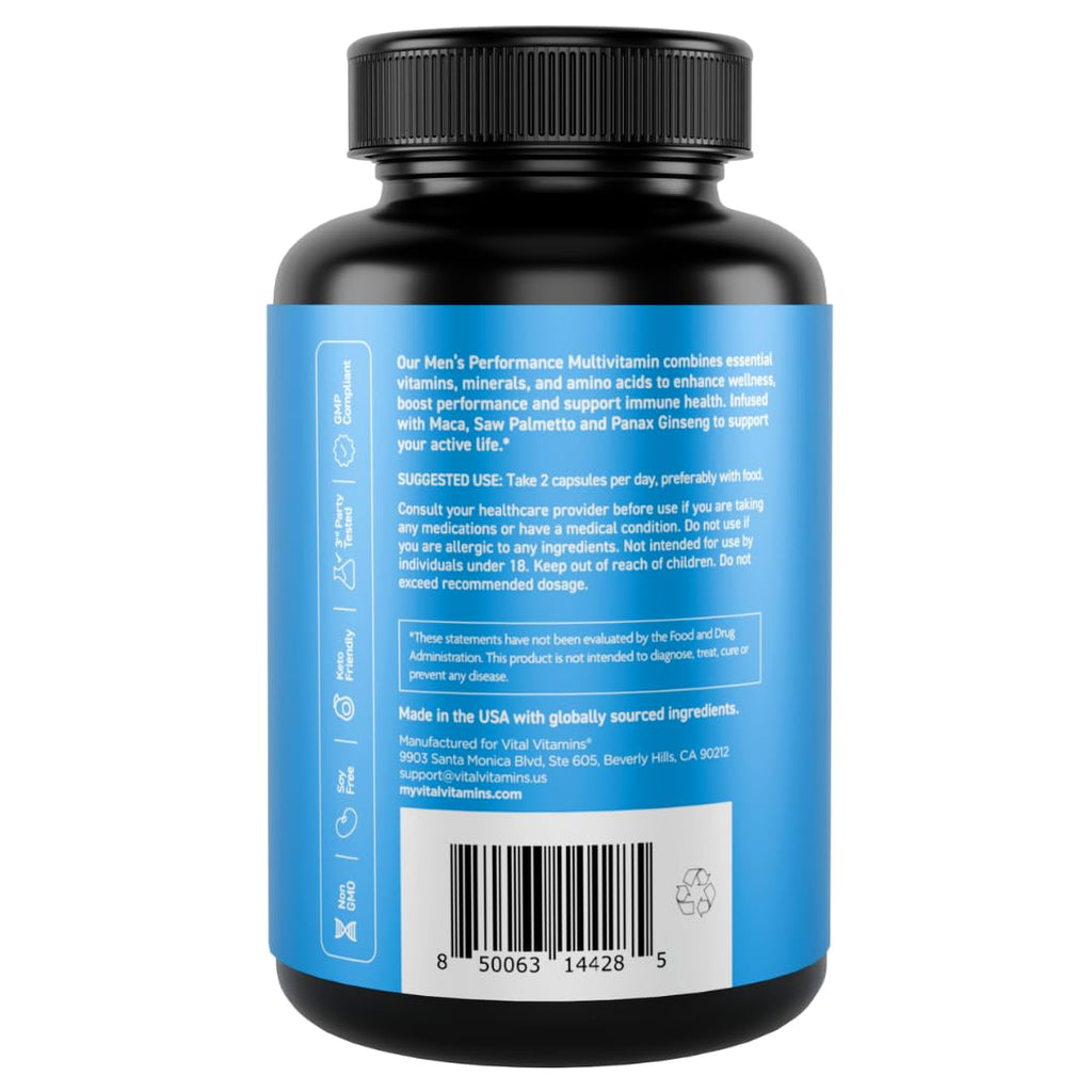 Vital Vitamins Men's Multivitamin Complex - Made with Essential Amino Acids & Maca Root - with Vitamin A, C, E, B6, B12, D3 & Male Performance Blend - Daily Men's Multivitamin - 60 Capsules
