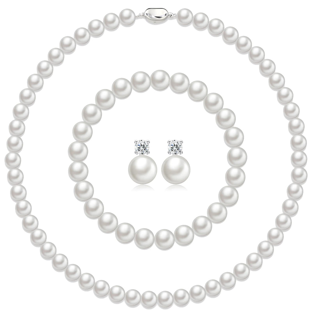 Pttozan Pearl Necklaces for Women,8mm White Pearl Necklace and Earring Bracelet Jewelry Set for Women Men Wedding Birthday Valentine Christmas Day Gifts