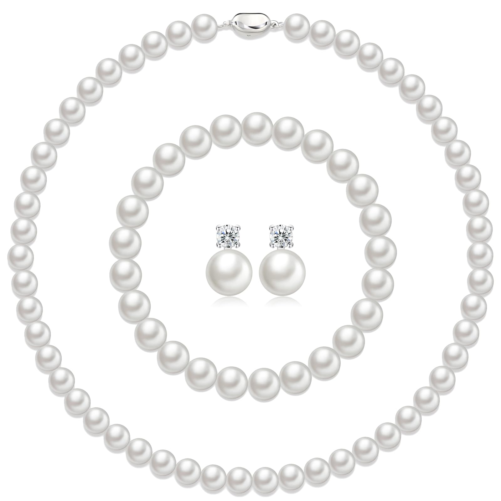Pttozan Pearl Necklaces for Women,8mm White Pearl Necklace and Earring Bracelet Jewelry Set for Women Men Wedding Birthday Valentine Christmas Day Gifts