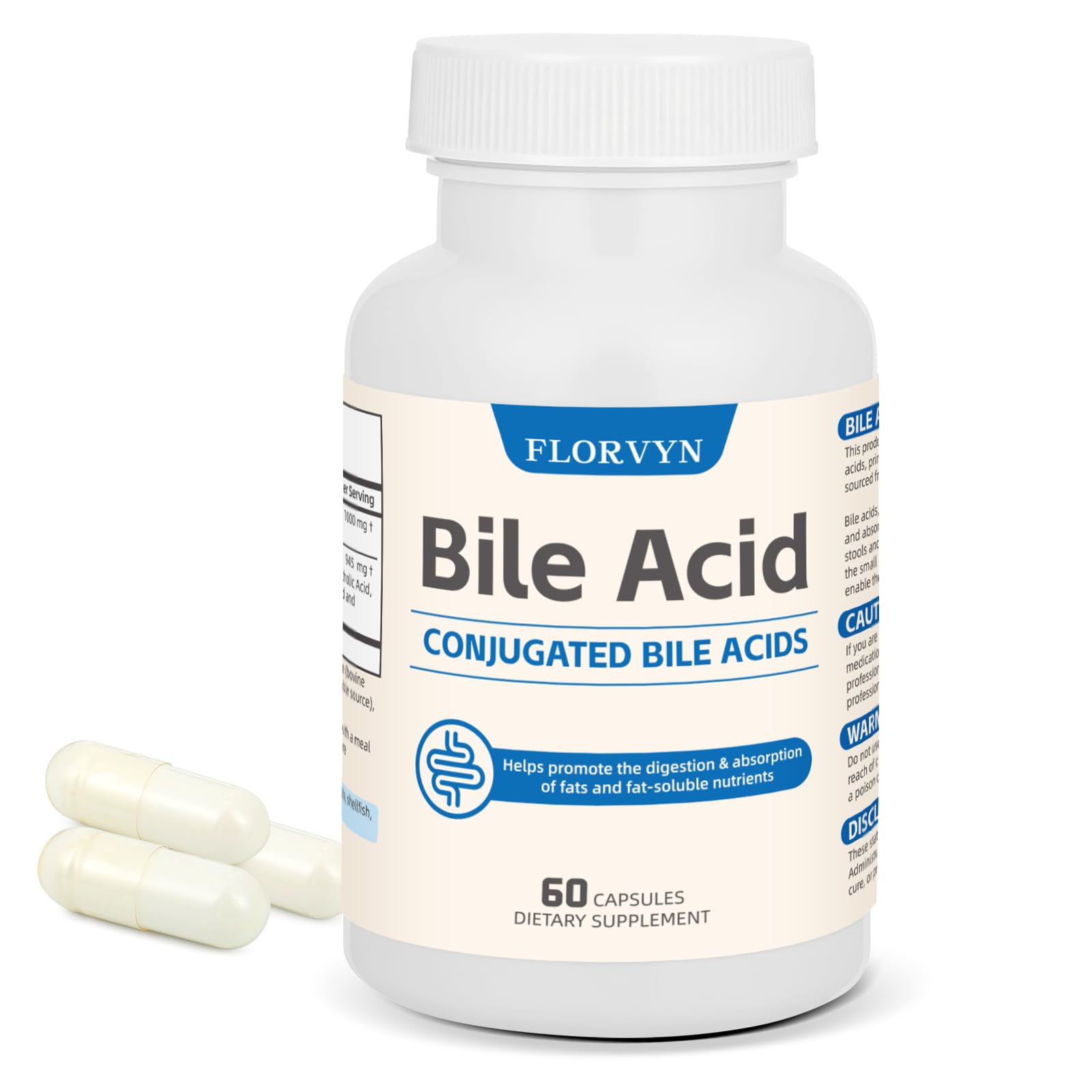 Florvyn Conjugated Bile Acid Supplement 1000mg – Supports Fat Digestion & Absorption of Fats & Fat-Soluble Nutrients, Gut Comfort & Nutrient Utilization, 60 Capsules, 30 Day Supply