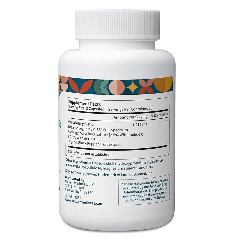 Pattern Wellness Ashwagandha Complex for Men & Women – Organic KSM-66® & Black Pepper Extract – Supports Stress Response & Energy Balance – Non-GMO – 60 Vegan Capsules