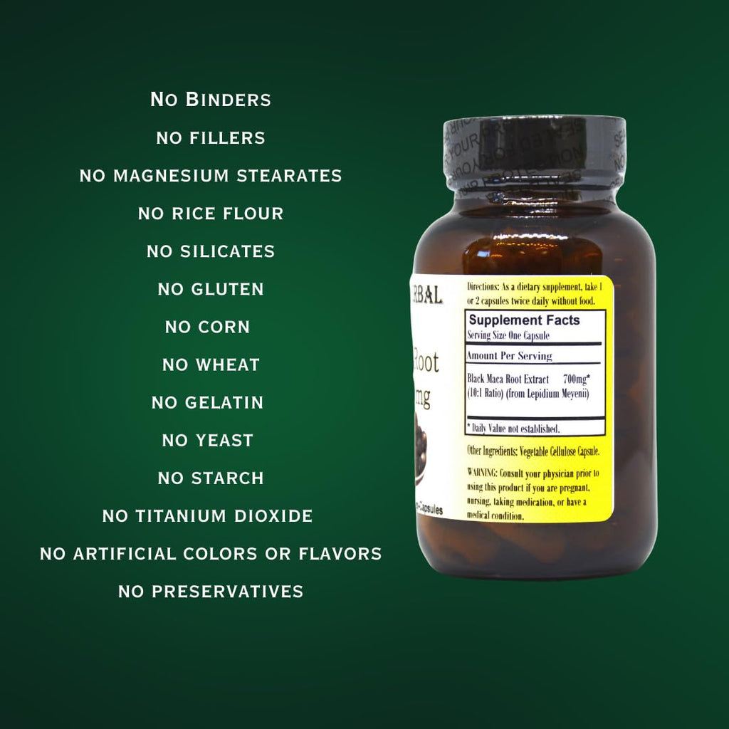 Barlowe's Herbal Elixirs Black Maca | Peruvian Maca Root Extract | 700 mg per Capsule | 60 Veggie Capsules (Vegan, Kosher, Halal) | | Glass Bottle | Third Party Tested