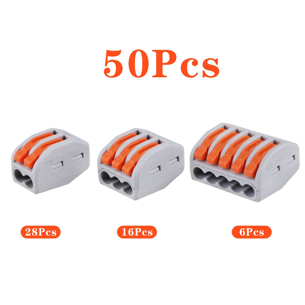50 PCS Lever Wire Electrical Connectors Nuts Assortment Kit with 28-12 AWG, Multiple Stud2/3/5 Conductor Combination Compact, Electrical Insulated Terminals, Quick Disconnect Splicing
