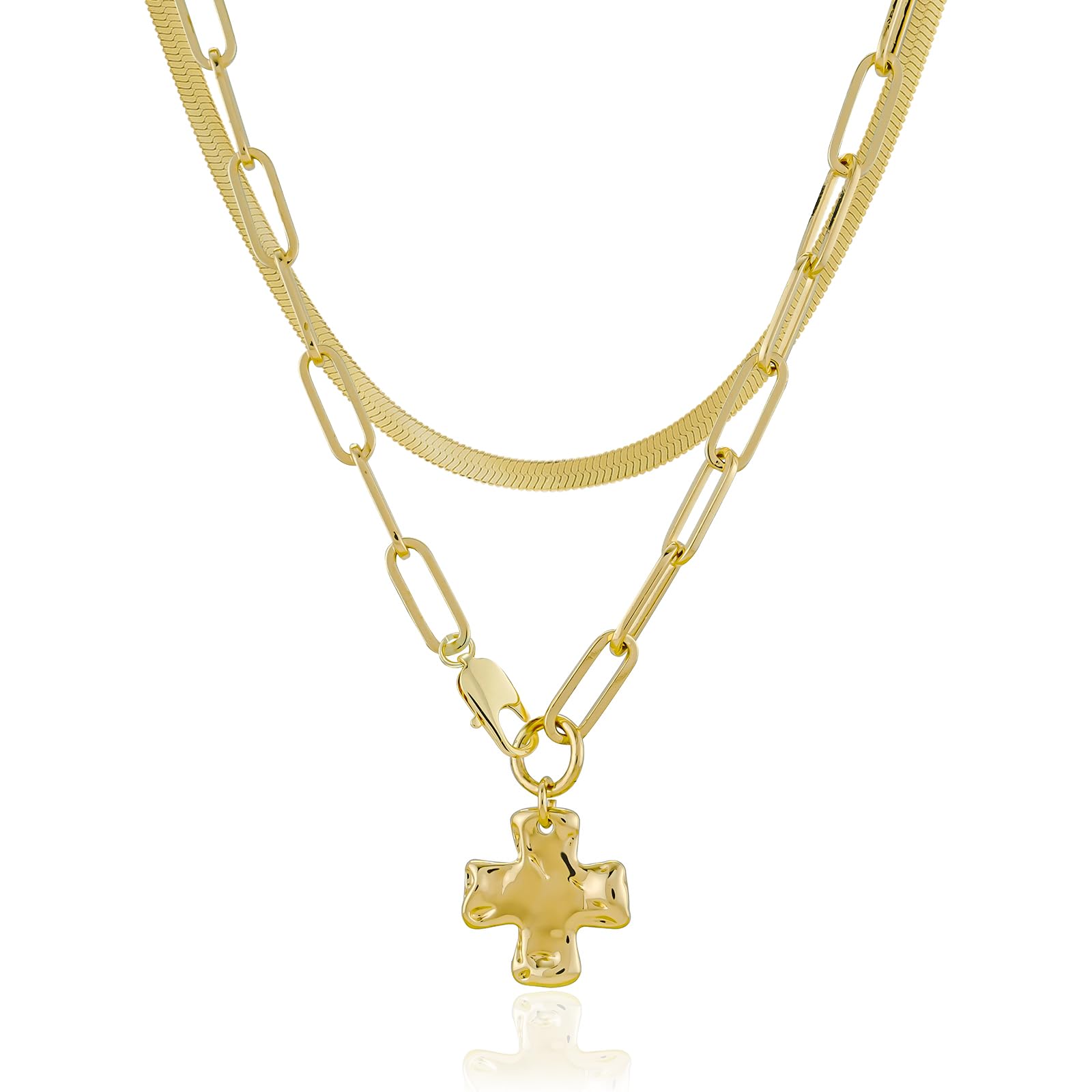 Bheop Chunky Cross Necklace for Women, Gold Layered Herringbone Necklace